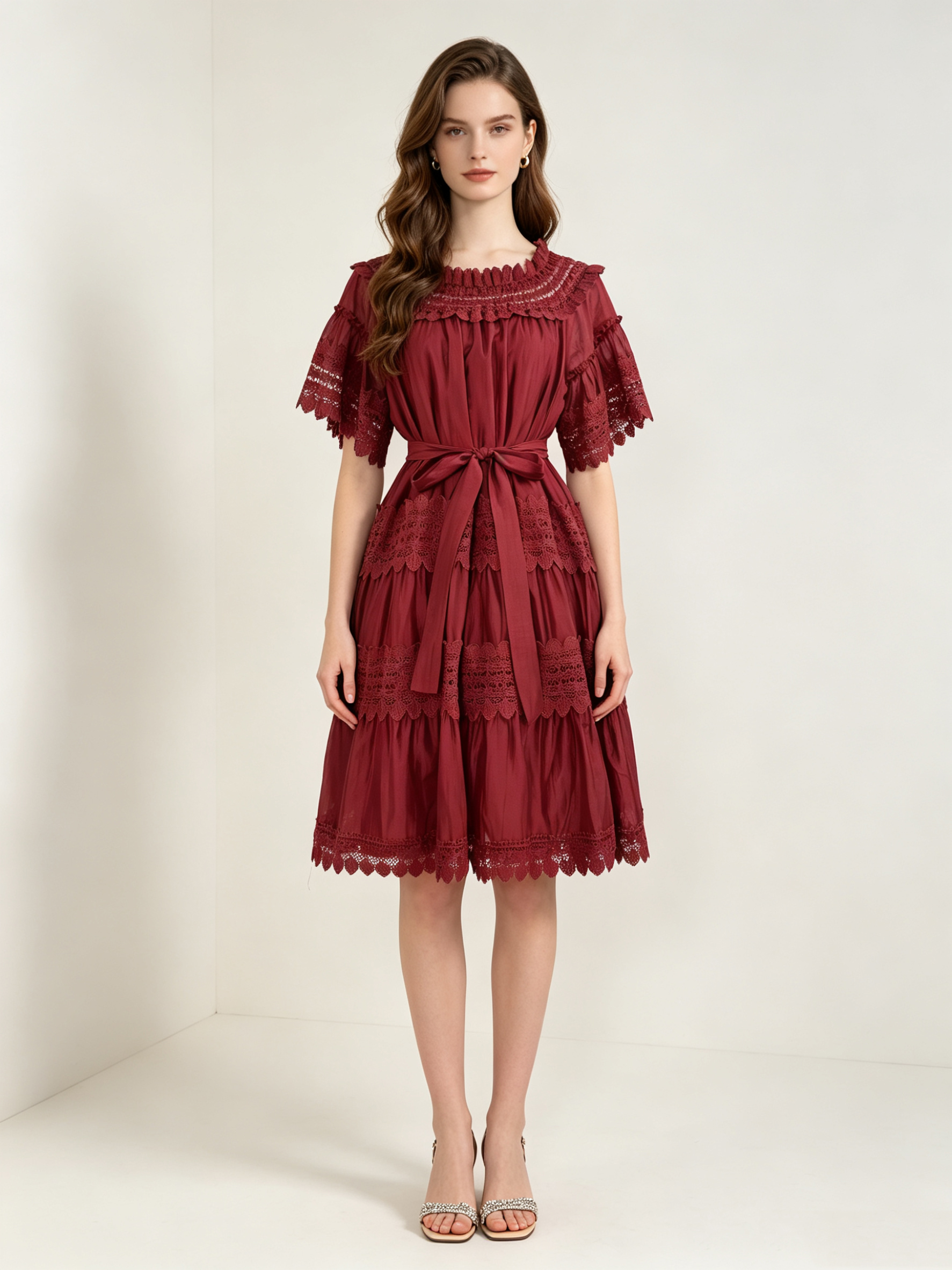 French court style embroidered hollow short sleeved one shoulder large swing skirt with waist cinching and tie up khaki A-line skirt short skirt French court style embroidered hollow short sleeved one shoulder large swing skirt with waist cinching and tie up khaki A-line skirt short skirt
