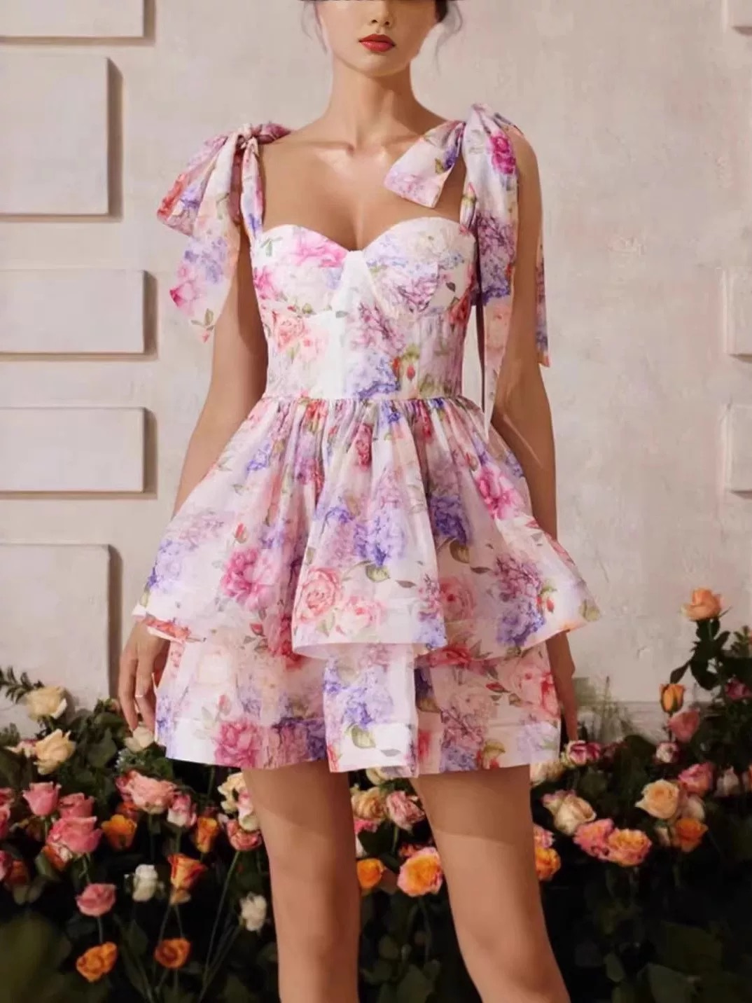 European and American sleeveless camisole strap casual short skirt strapless backless floral print layered cake dress short skirt European and American sleeveless camisole strap casual short skirt strapless backless floral print layered cake dress short skirt