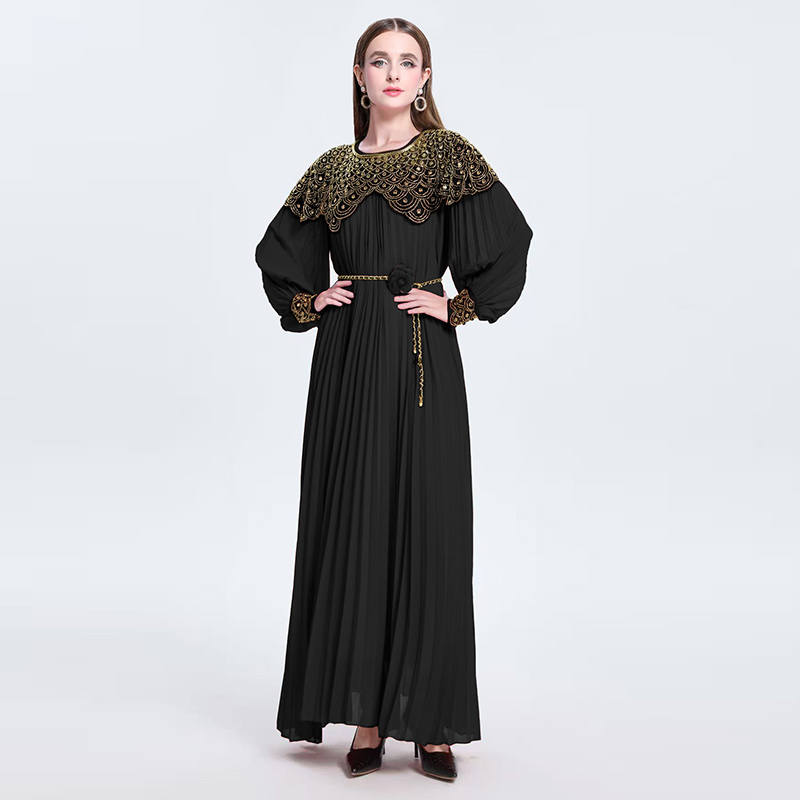 Light luxury high-end embroidered bead sequin round neck long sleeved dress, super fairy pleated elegant dress Light luxury high-end embroidered bead sequin round neck long sleeved dress, super fairy pleated elegant dress
