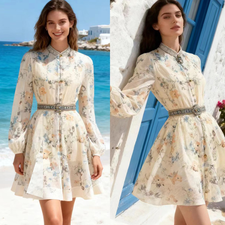 Australian new elegant retro positioning printed stand up collar single breasted waist slimming dress short skirt umbrella skirt Australian new elegant retro positioning printed stand up collar single breasted waist slimming dress short skirt umbrella skirt