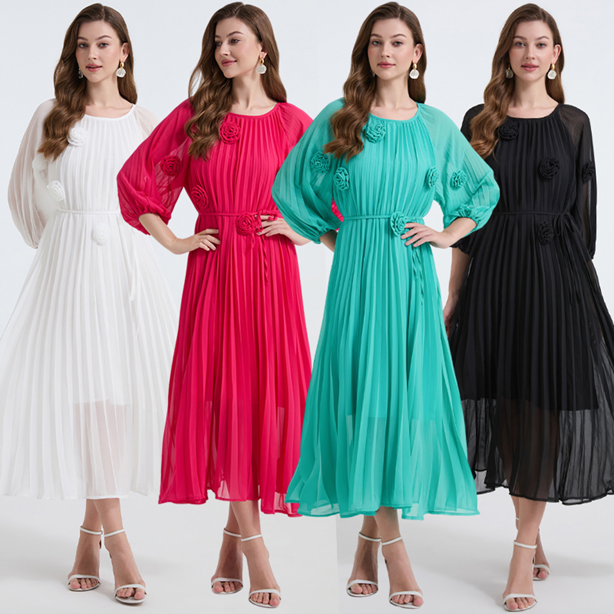 Realistic shooting of 4-color summer folding handmade flower binding waist cinching round neck big swing dress, loose beach skirt