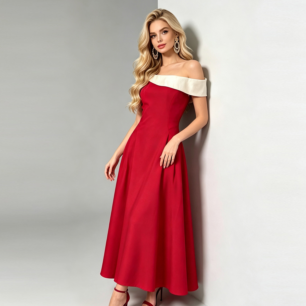French style Hepburn style sexy off shoulder contrasting color slim fit hanging dress French style Hepburn style sexy off shoulder contrasting color slim fit hanging dress