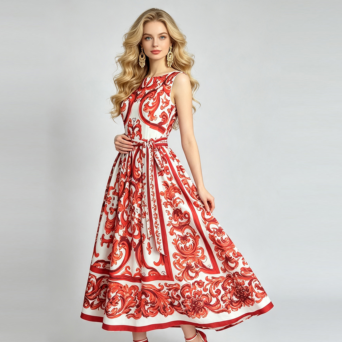 French romantic floral print sleeveless dress with high waisted bow tie and drawstring, cinched waist and large swing skirt French romantic floral print sleeveless dress with high waisted bow tie and drawstring, cinched waist and large swing skirt