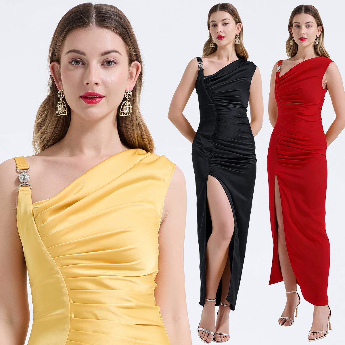 Real time shooting of new spring and summer products, vinegar satin asymmetric design cutting, hip hugging one-piece skirt, three-dimensional pleated skirt