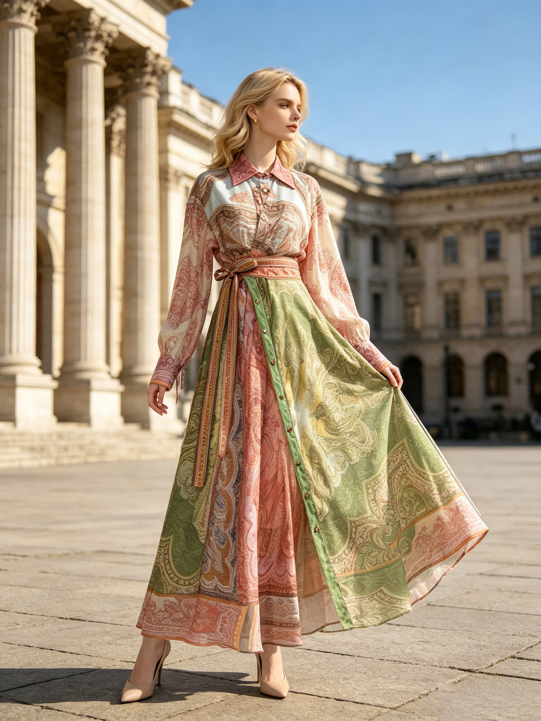 Australian vacation French court style new color block splicing lantern sleeve shirt skirt cinched waist dress long skirt Australian vacation French court style new color block splicing lantern sleeve shirt skirt cinched waist dress long skirt