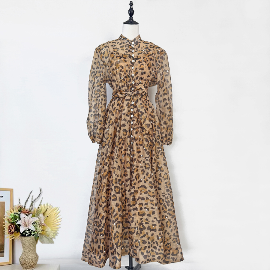 Australian retro print stand up collar lantern sleeves long sleeves heavy studded diamonds elegant socialite temperament two-piece dress long Australian retro print stand up collar lantern sleeves long sleeves heavy studded diamonds elegant socialite temperament two-piece dress long