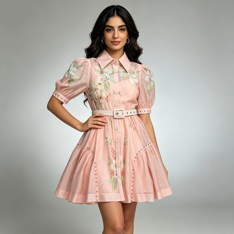 French gentle style pink bubble sleeve plus size dress, beautiful European court style short sleeved elegant short skirt, summer French gentle style pink bubble sleeve plus size dress, beautiful European court style short sleeved elegant short skirt, summer