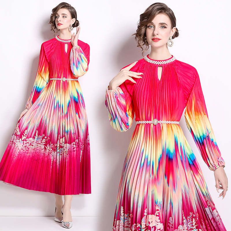 Original 2026 high-end nail bead positioning printed pleated pearl buckle pleated long skirt