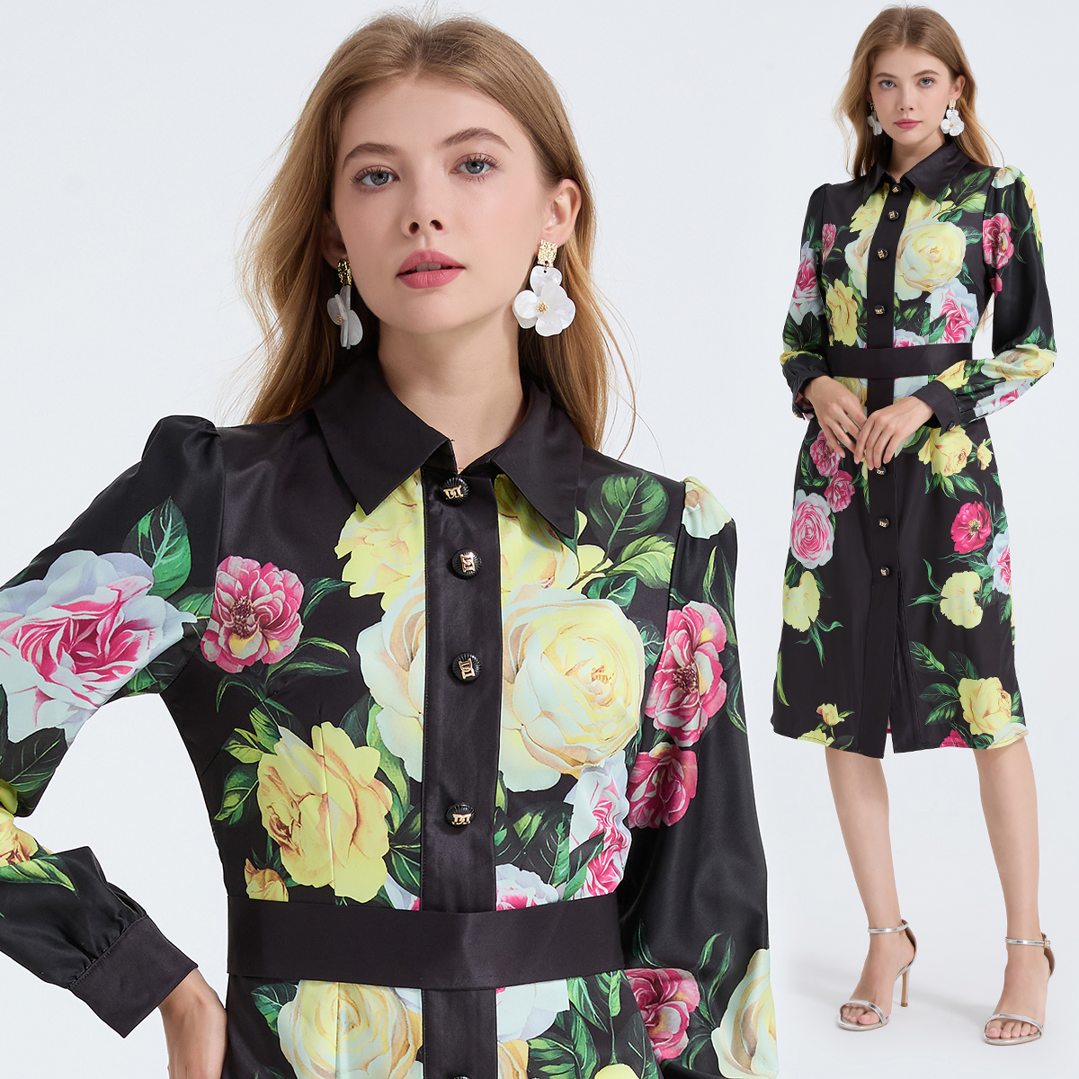 Realistic autumn and winter rose print patchwork slim fit high waisted dress shirt collar long sleeved skirt