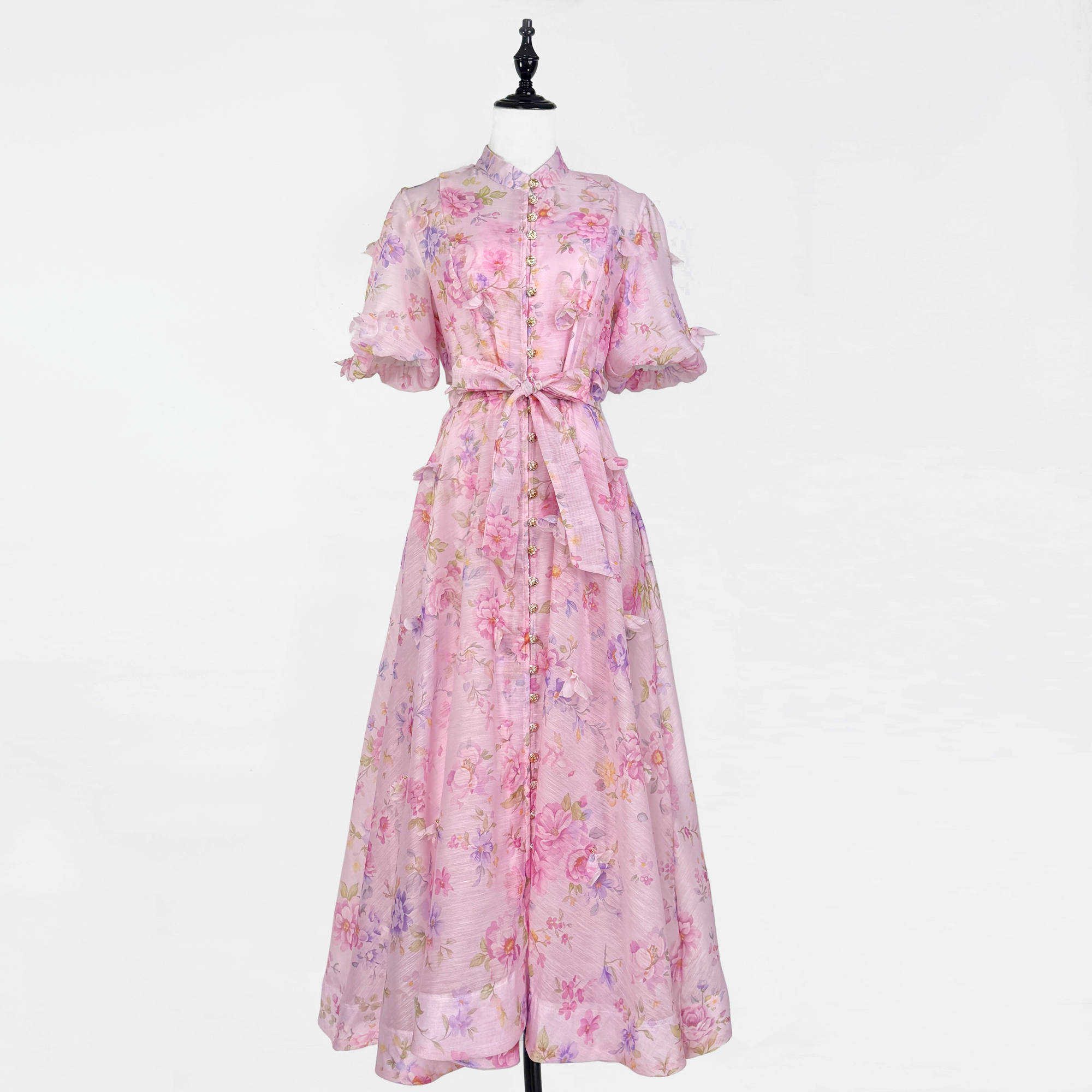 Summer elegant socialite temperament retro printed bubble sleeves short sleeved stand up collar single breasted waist slimming dress long Summer elegant socialite temperament retro printed bubble sleeves short sleeved stand up collar single breasted waist slimming dress long