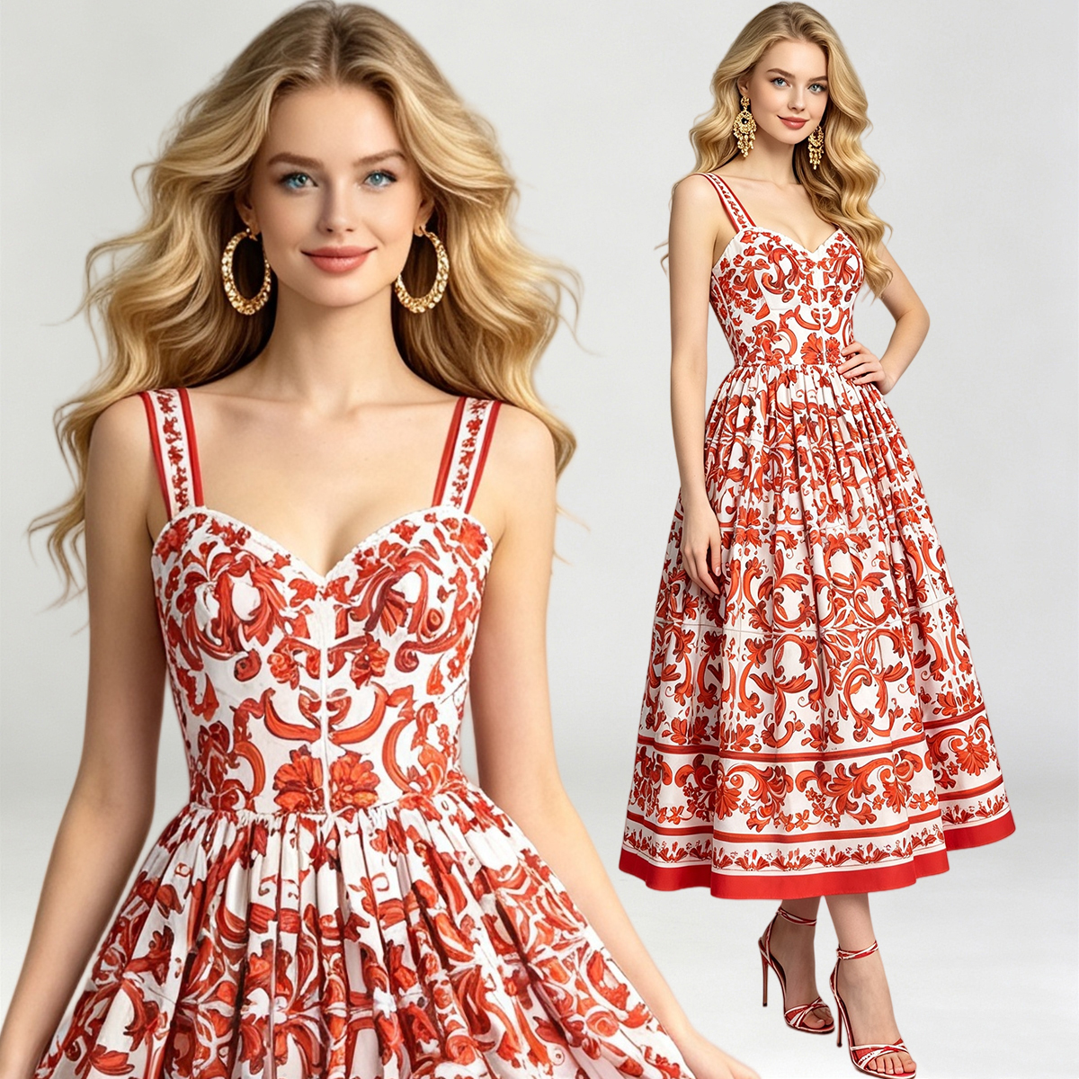 Positioned as a retro printed three-dimensional strapless camisole dress with elastic waistband at the back and high waisted skirt