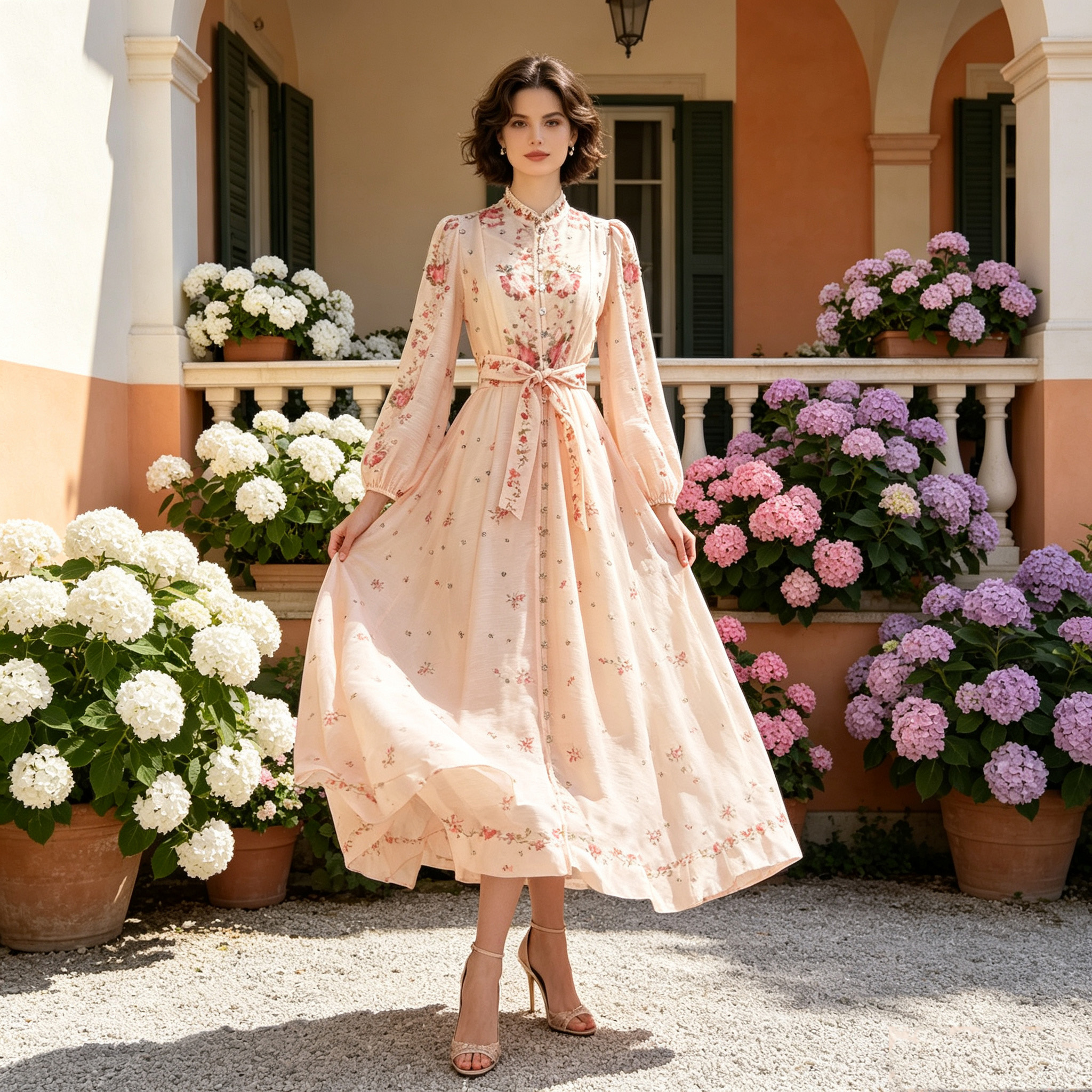 Australian retro print stand up collar lantern sleeves long sleeves heavy studded diamonds elegant socialite temperament two-piece dress long Australian retro print stand up collar lantern sleeves long sleeves heavy studded diamonds elegant socialite temperament two-piece dress long