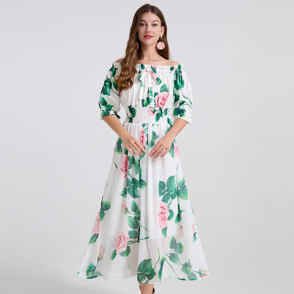 Real shot sexy one shoulder elastic waistband bow tie with printed large swing chiffon patchwork dress Real shot sexy one shoulder elastic waistband bow tie with printed large swing chiffon patchwork dress