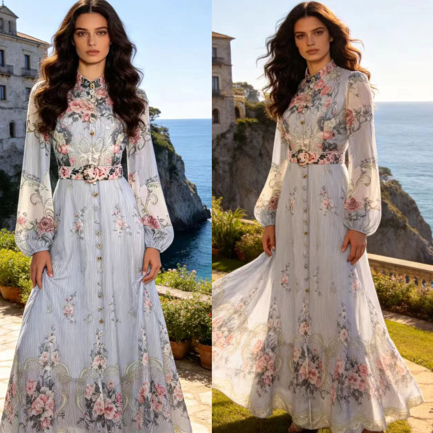 French high-end two-piece dress with retro print stand up collar lantern sleeves and waist cinching big swing dress, long skirt