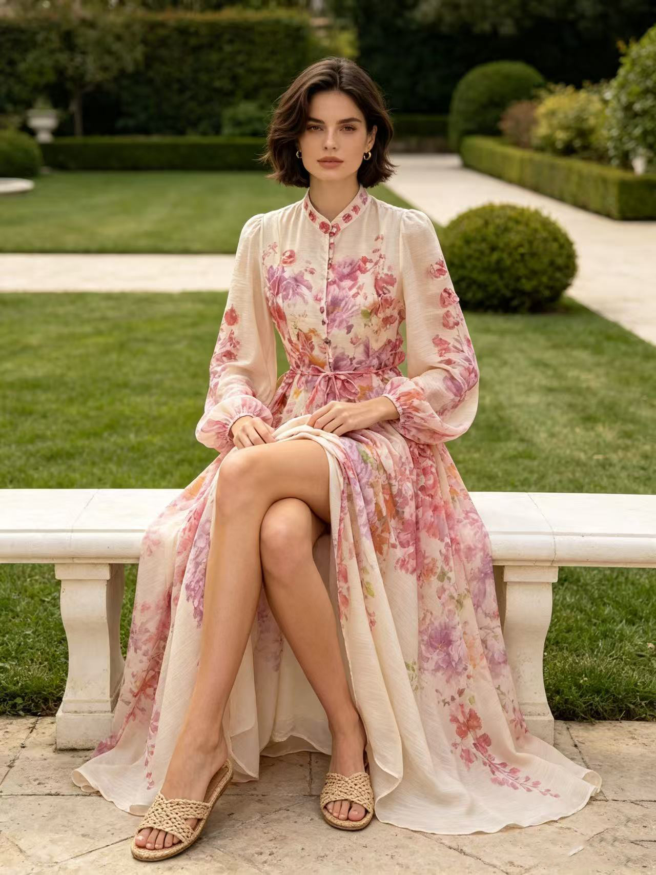 European and American elegant temperament, high-end feeling, heavy industry flower decoration, single breasted button, waist cinching, large swing, long skirt, women's dress European and American elegant temperament, high-end feeling, heavy industry flower decoration, single breasted button, waist cinching, large swing, long skirt, women's dress