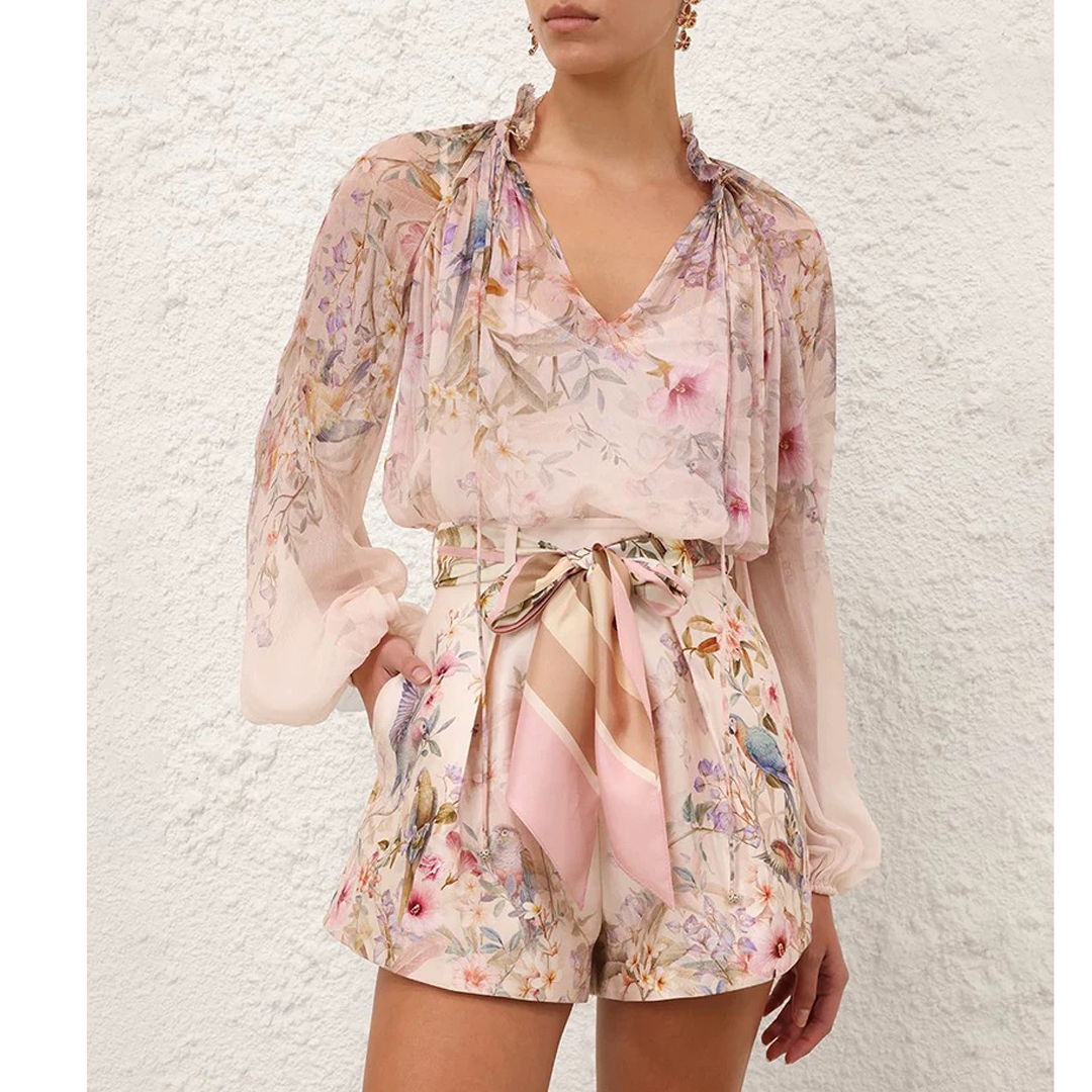 Australian light luxury 2026 autumn ready to wear new VALIANT peach pink printed pleated shirt+detail shorts Australian light luxury 2026 autumn ready to wear new VALIANT peach pink printed pleated shirt+detail shorts