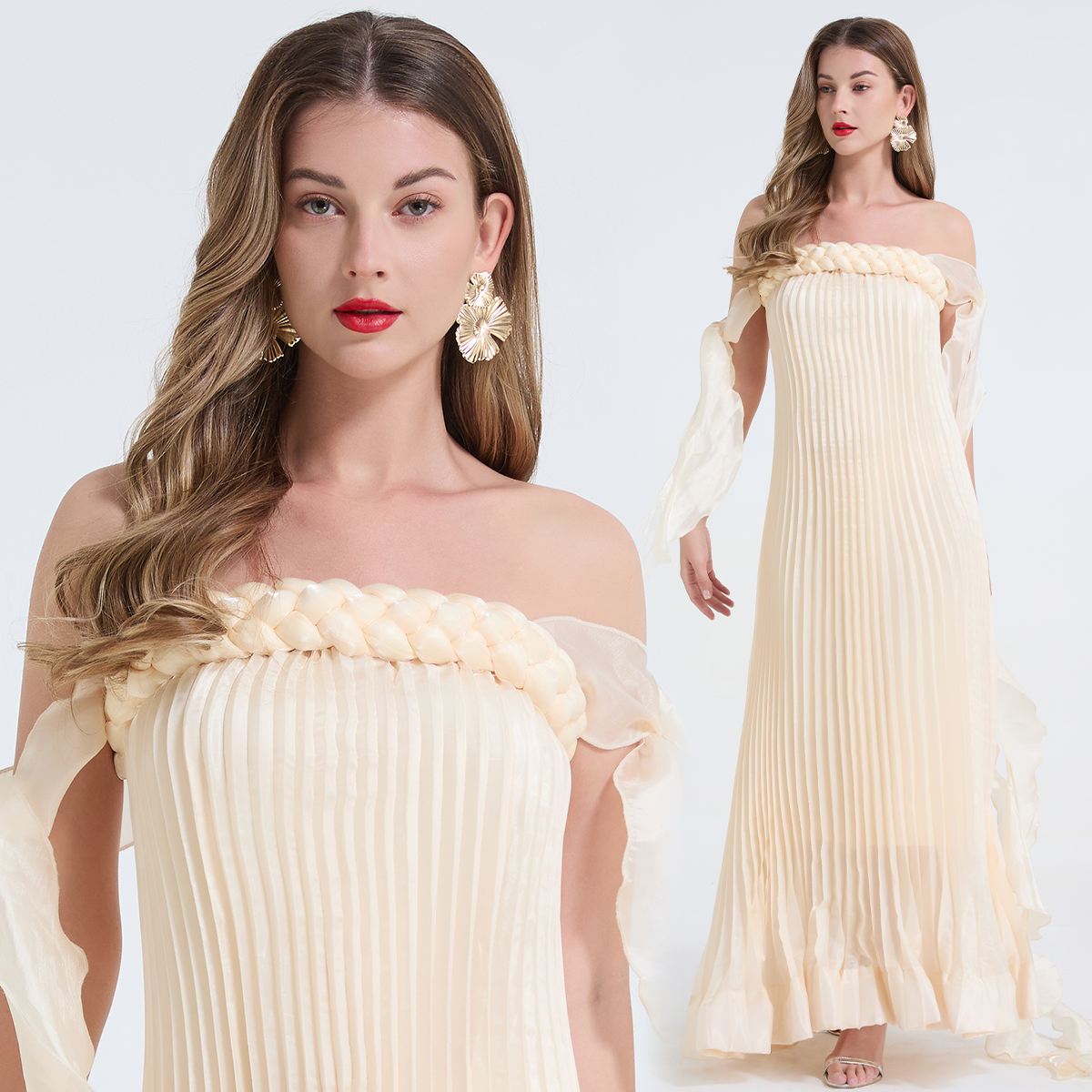 Real shot high order Fried Dough Twists knot ribbon pleated strapless French dress with flounces