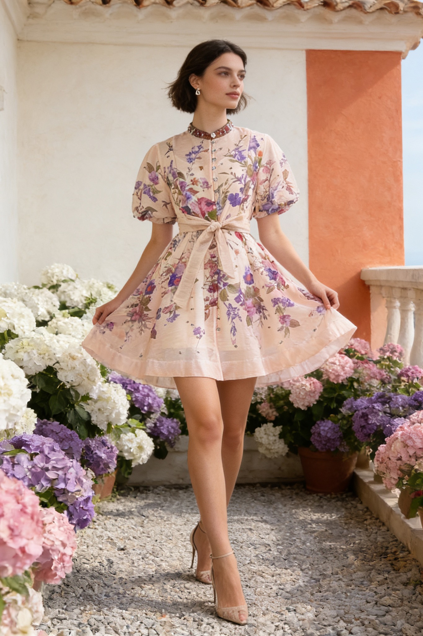 Australian vacation style summer new French retro printed bubble sleeves short sleeves studded diamond single breasted dress umbrella skirt Australian vacation style summer new French retro printed bubble sleeves short sleeves studded diamond single breasted dress umbrella skirt