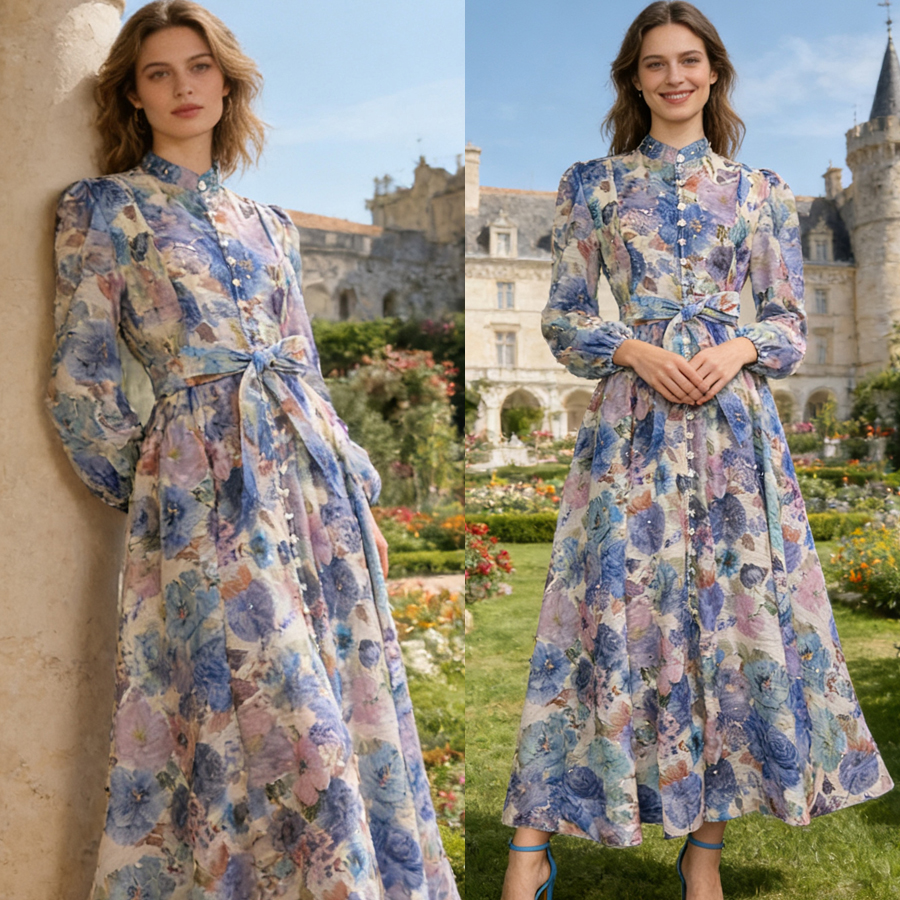 Australian retro print stand up collar lantern sleeves long sleeves heavy studded diamonds elegant socialite temperament two-piece dress long Australian retro print stand up collar lantern sleeves long sleeves heavy studded diamonds elegant socialite temperament two-piece dress long