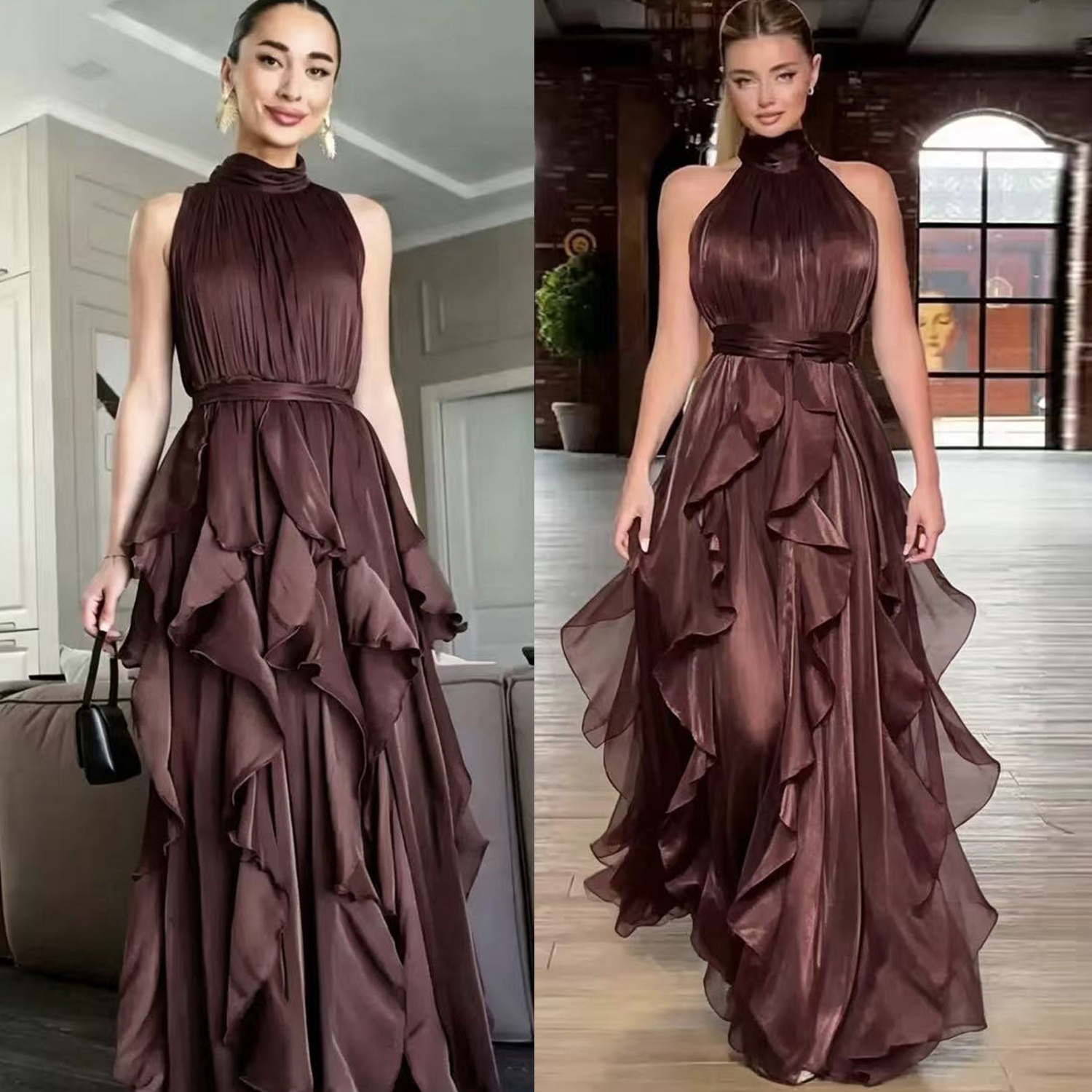 European and American summer sleeveless vacation scenery with a glossy texture, off shoulder sleeveless waist cinched with ruffle edge group bar dress, long