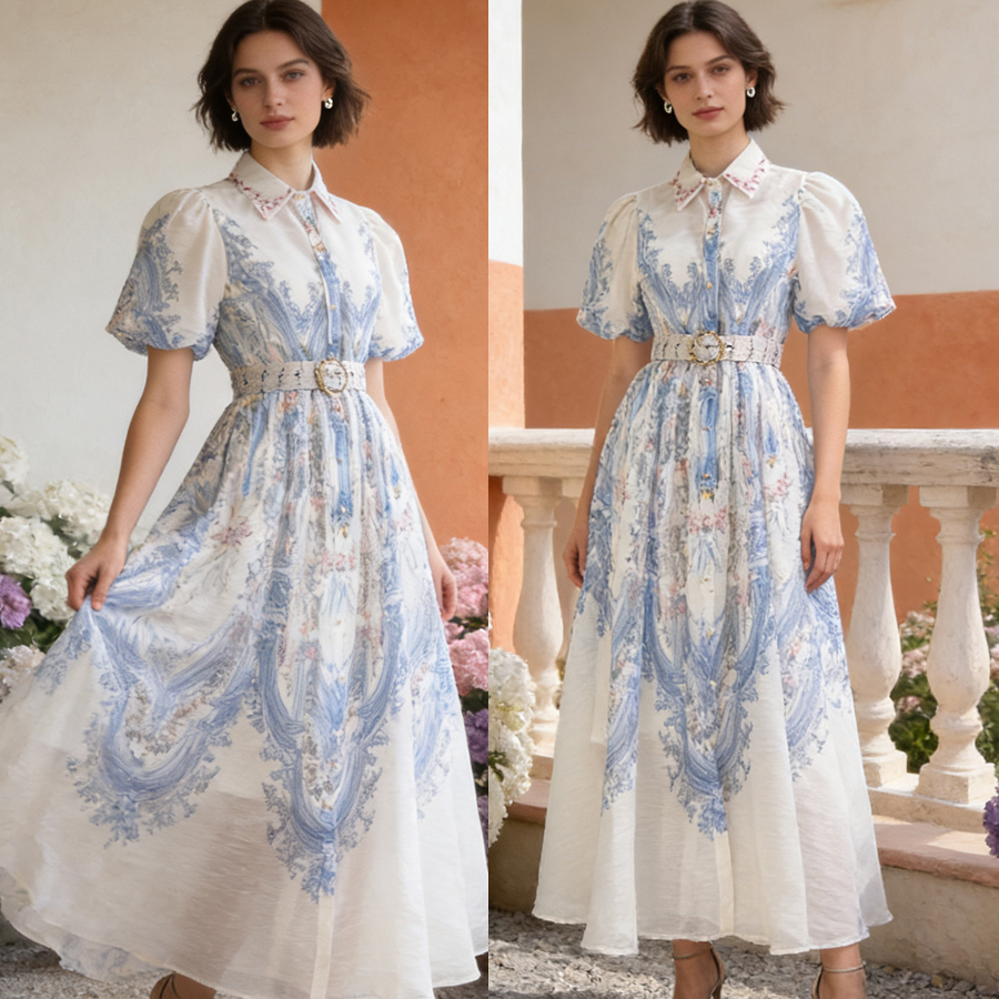 Australian retro printed elegant socialite temperament with a lapel and bubble sleeves, short sleeved summer waist slimming dress, long skirt Australian retro printed elegant socialite temperament with a lapel and bubble sleeves, short sleeved summer waist slimming dress, long skirt