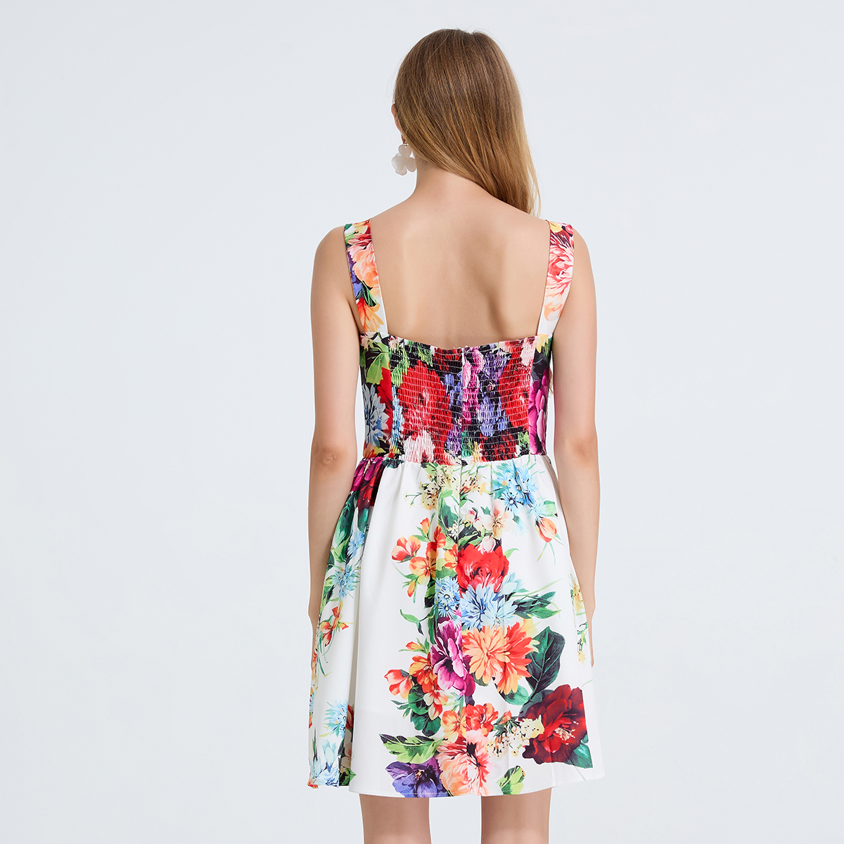 Real shot high waisted printed three-dimensional strapless suspender short dress with elastic elastic rubber on the back Real shot high waisted printed three-dimensional strapless suspender short dress with elastic elastic rubber on the back
