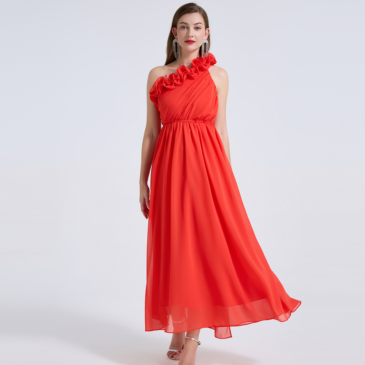 Real shot unique asymmetric strapless design, three-dimensional floral elastic high waisted dress with ribbon and large swing skirt Real shot unique asymmetric strapless design, three-dimensional floral elastic high waisted dress with ribbon and large swing skirt