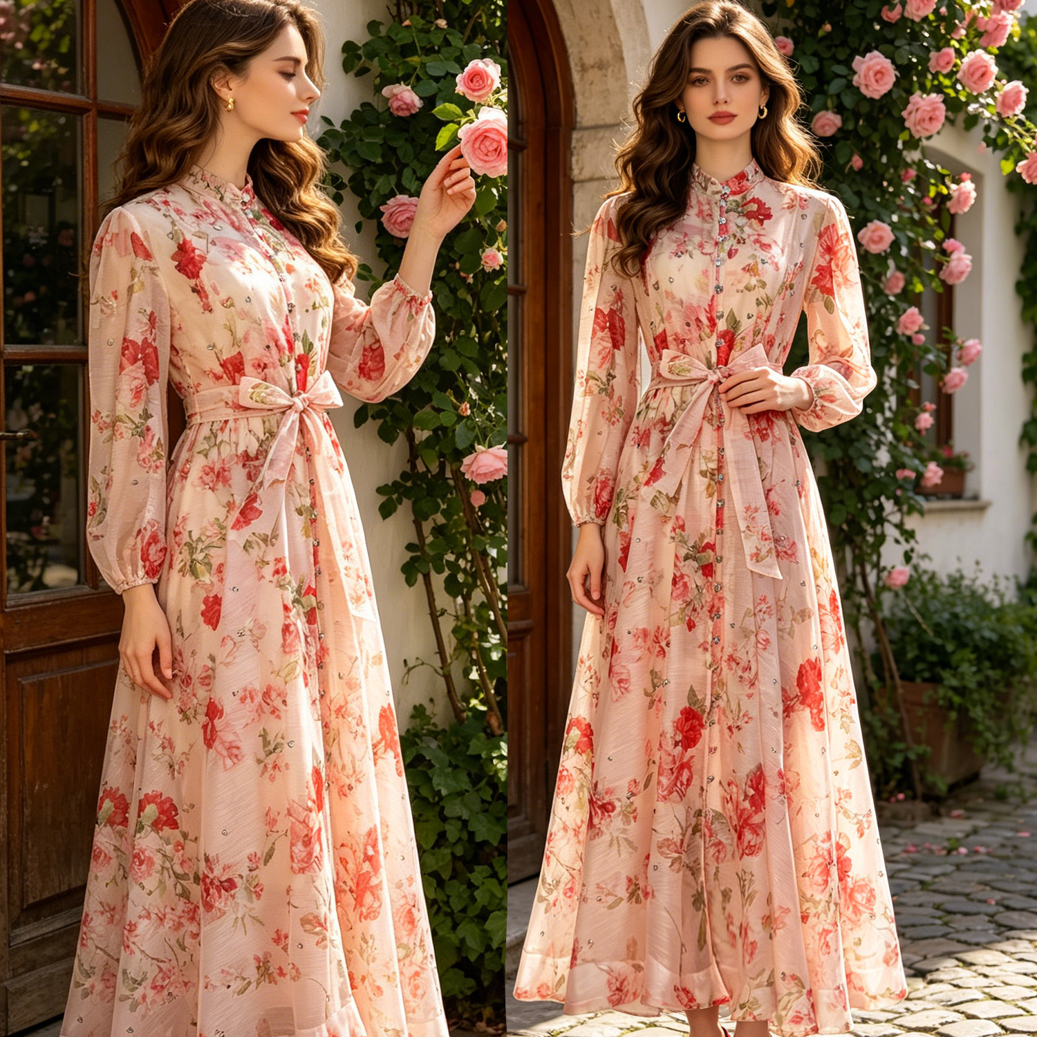 Australian retro print stand up collar lantern sleeves long sleeves heavy studded diamonds elegant socialite temperament two-piece dress long