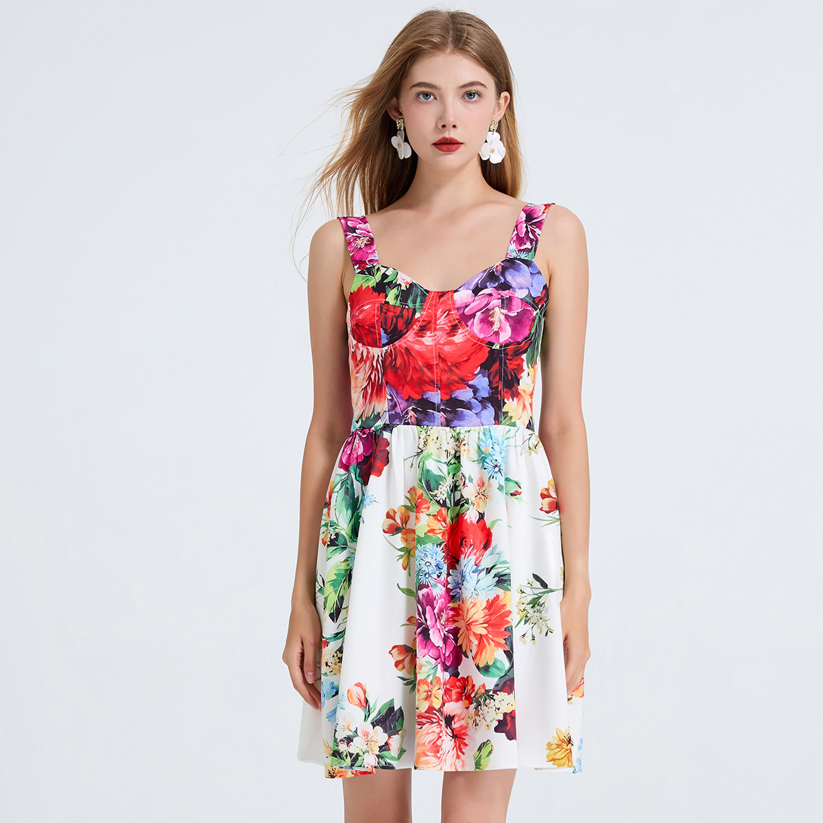 Real shot high waisted printed three-dimensional strapless suspender short dress with elastic elastic rubber on the back Real shot high waisted printed three-dimensional strapless suspender short dress with elastic elastic rubber on the back