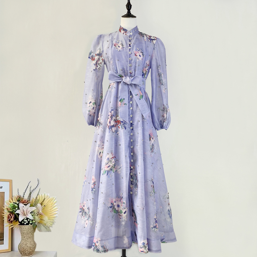 Australian retro print stand up collar lantern sleeves long sleeves heavy studded diamonds elegant socialite temperament two-piece dress long Australian retro print stand up collar lantern sleeves long sleeves heavy studded diamonds elegant socialite temperament two-piece dress long
