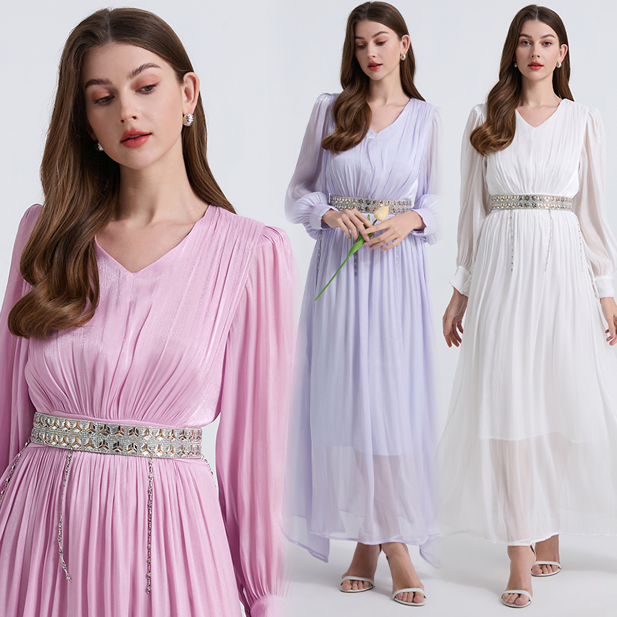 Real shot French niche design, heavy industry small tassel diamond embellishment belt, glowing pleated waist cinching dress