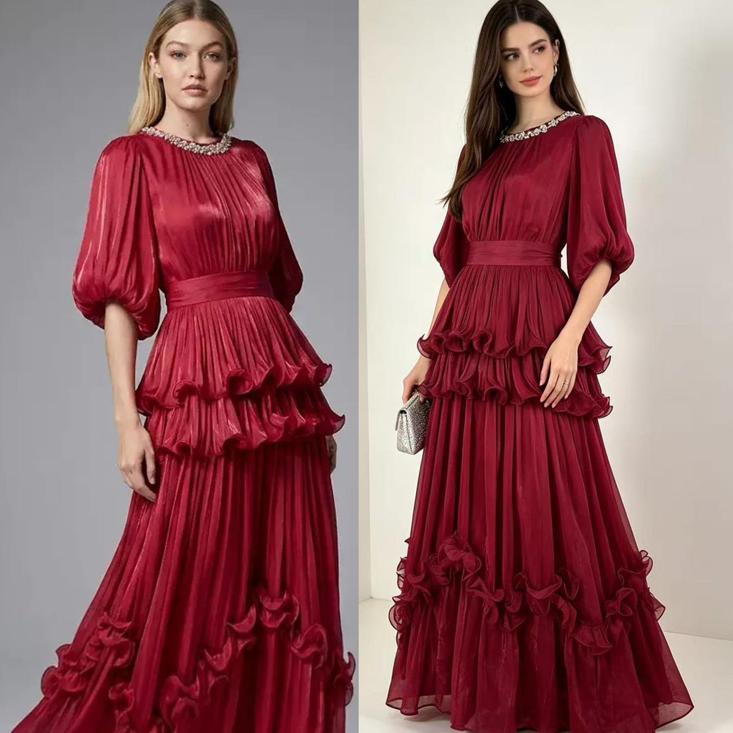 European and American retro style heavy industry collar with diamond inlay, glossy texture, lotus leaf edge cake skirt, summer new dress, long skirt