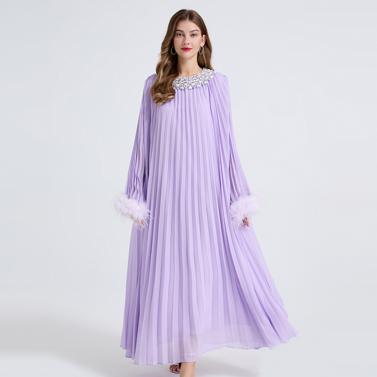 High version super heavy industry nail drill pleated large size oversized swing dress with real ostrich double hair and small waist belt as a gift High version super heavy industry nail drill pleated large size oversized swing dress with real ostrich double hair and small waist belt as a gift