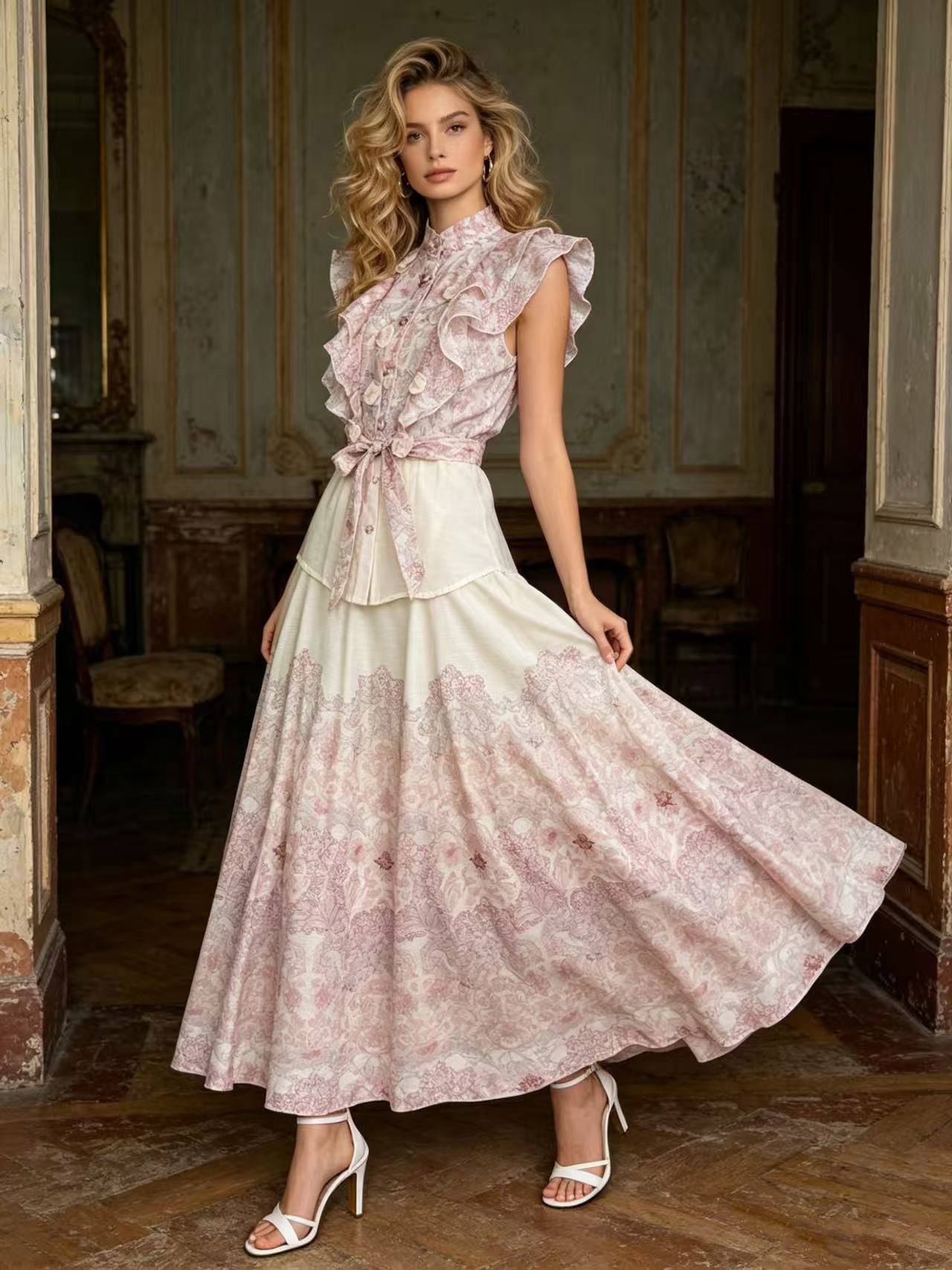 Elegant temperament two-piece dress set from Z Australia, heavy industry flower sleeveless ruffled shirt+high waisted skirt Elegant temperament two-piece dress set from Z Australia, heavy industry flower sleeveless ruffled shirt+high waisted skirt