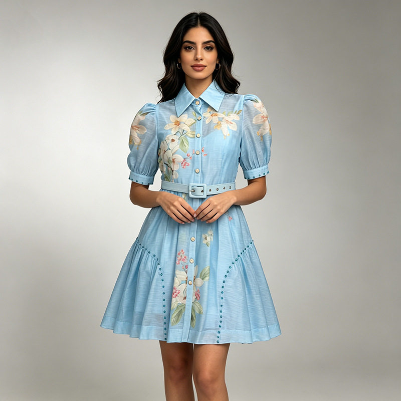 Summer New French Elegant Style Flip Collar Shirt Sleeve Single breasted Pattern Printed Lace up Large Swing Shirt Short Skirt Summer New French Elegant Style Flip Collar Shirt Sleeve Single breasted Pattern Printed Lace up Large Swing Shirt Short Skirt