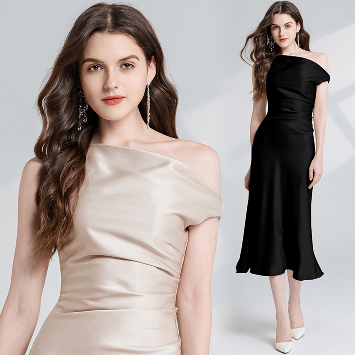 Real shot French socialite sexy slanted shoulder pleated waist slimming solid color acetate satin evening dress dress dress