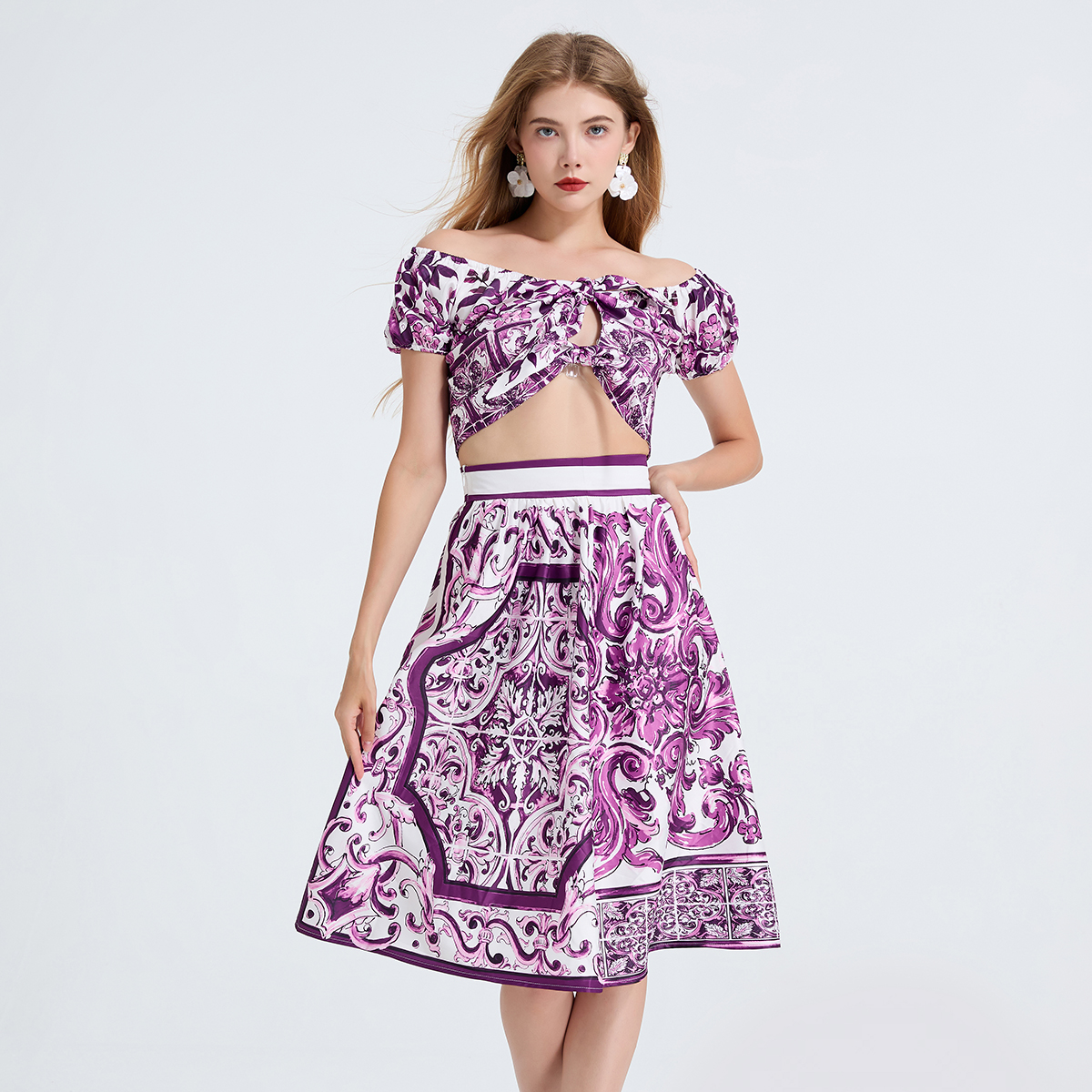 Real shot sexy one shoulder butterfly tie tied short sleeved top+high waisted printed skirt two-piece set Real shot sexy one shoulder butterfly tie tied short sleeved top+high waisted printed skirt two-piece set