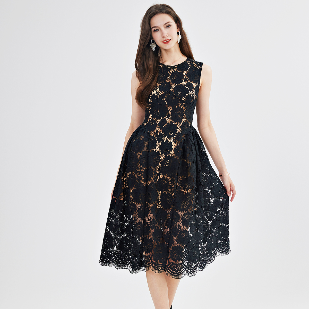 Real shot light luxury lace eyelash puffy vest round neck A-line skirt slim fit high waisted dress Real shot light luxury lace eyelash puffy vest round neck A-line skirt slim fit high waisted dress