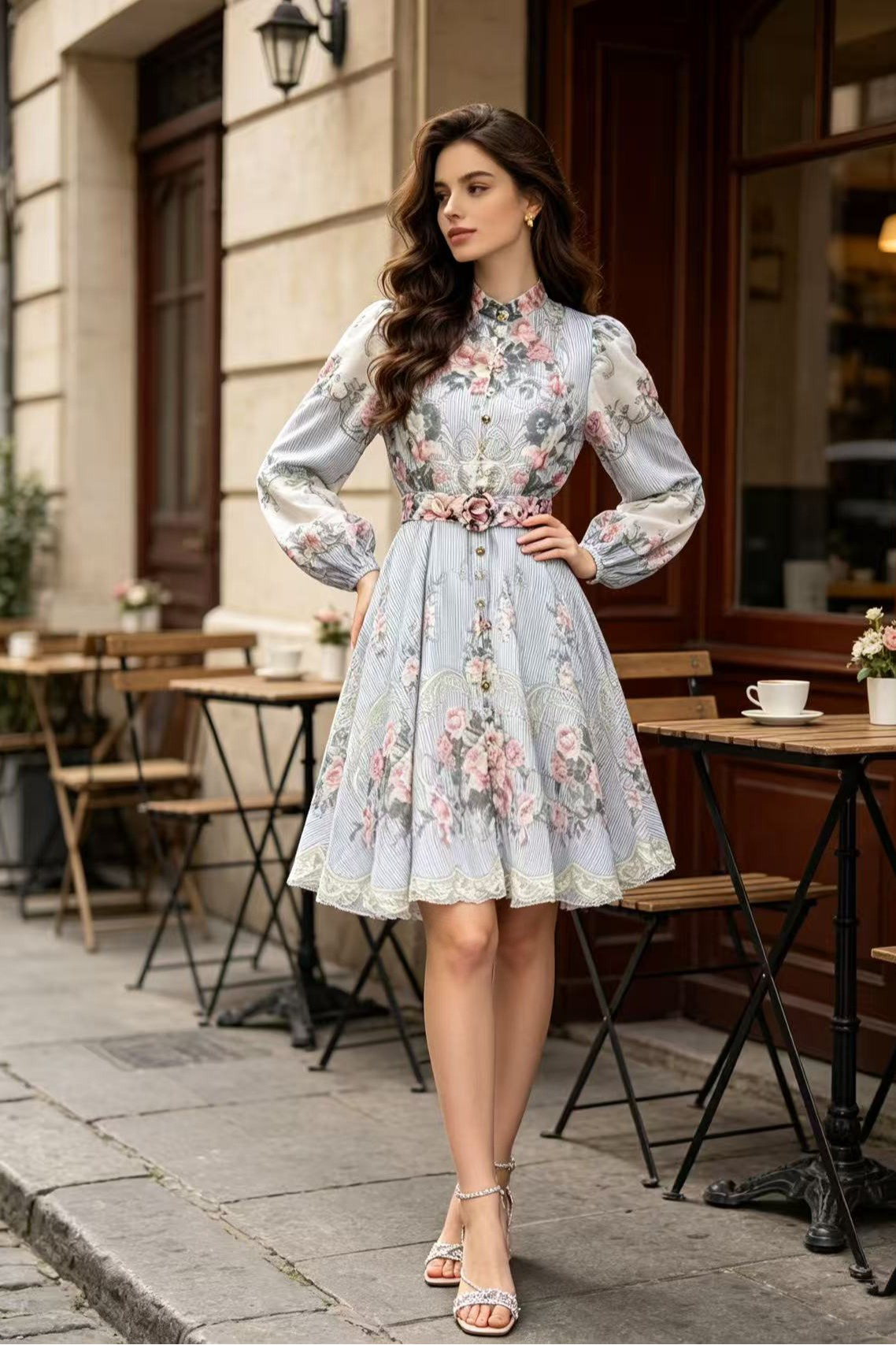 Australian light luxury early autumn new item positioning: printed stand collar lantern sleeves, waist cinching and slimming two-piece dress, short skirt Australian light luxury early autumn new item positioning: printed stand collar lantern sleeves, waist cinching and slimming two-piece dress, short skirt