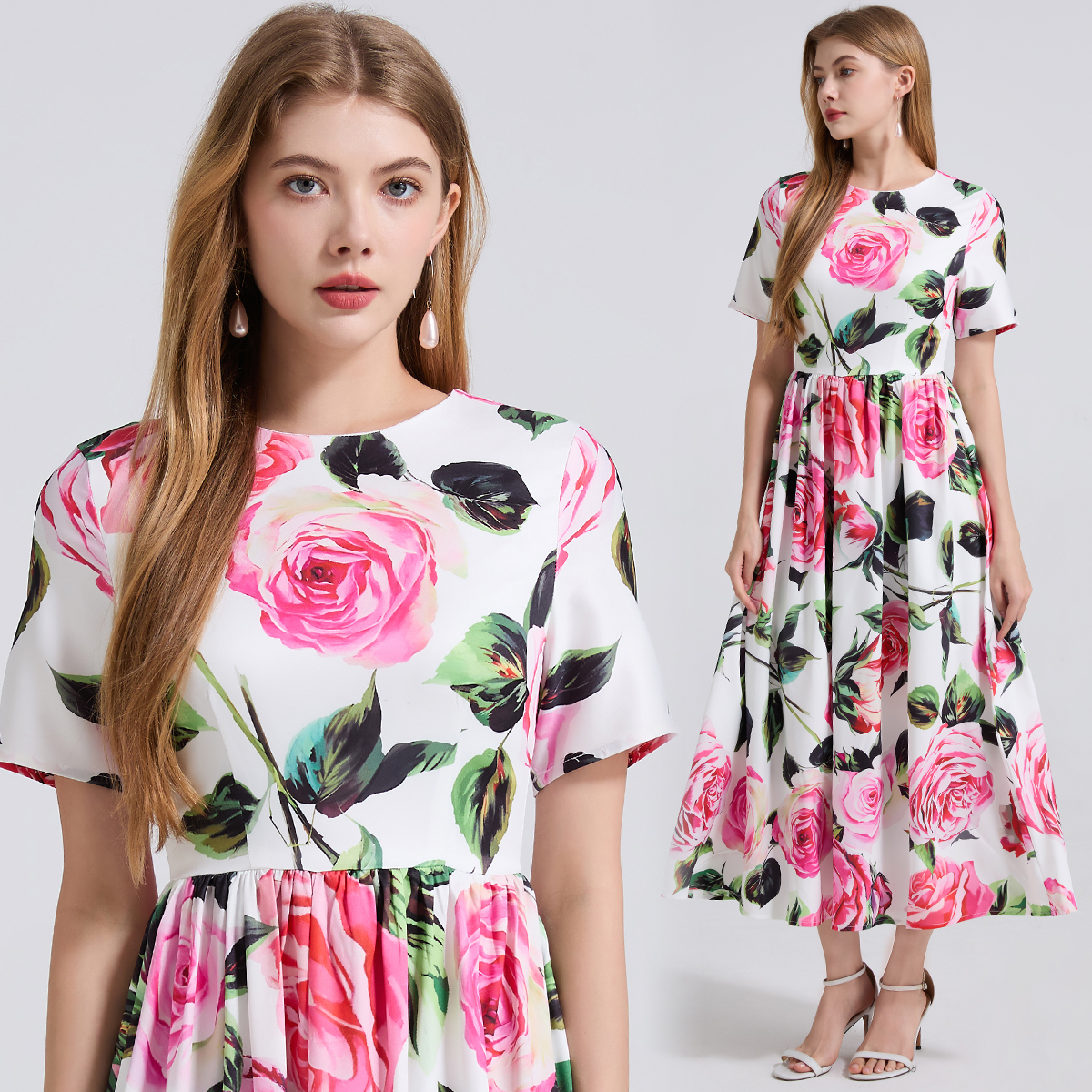 Real shooting summer positioning print round neck high waist slim fit short sleeved large swing dress A-line long skirt