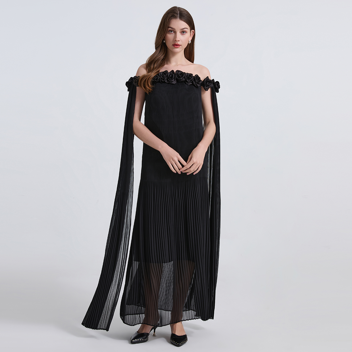 Real shot sexy one neck three-dimensional flower pleated chiffon dress, long skirt, oversized display, high-quality version Real shot sexy one neck three-dimensional flower pleated chiffon dress, long skirt, oversized display, high-quality version