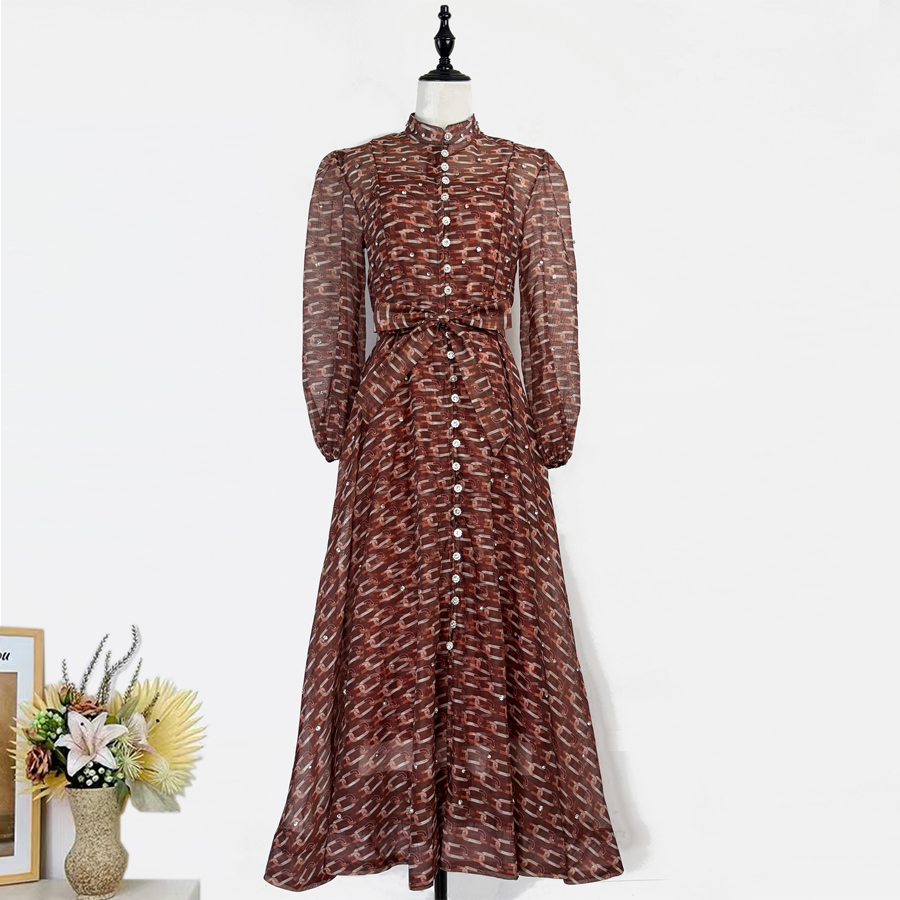 Australian retro print stand up collar lantern sleeves long sleeves heavy studded diamonds elegant socialite temperament two-piece dress long Australian retro print stand up collar lantern sleeves long sleeves heavy studded diamonds elegant socialite temperament two-piece dress long
