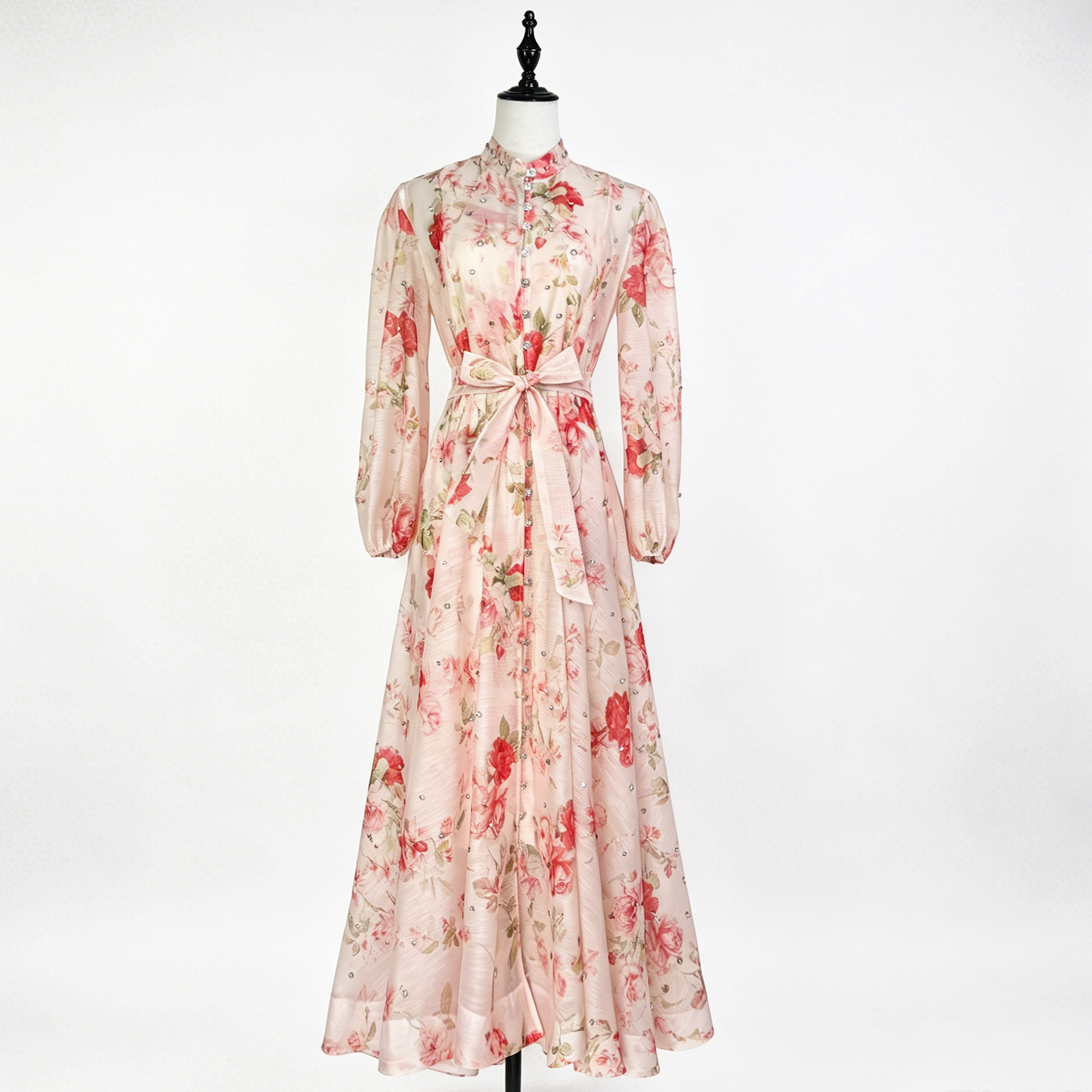 Australian retro print stand up collar lantern sleeves long sleeves heavy studded diamonds elegant socialite temperament two-piece dress long Australian retro print stand up collar lantern sleeves long sleeves heavy studded diamonds elegant socialite temperament two-piece dress long
