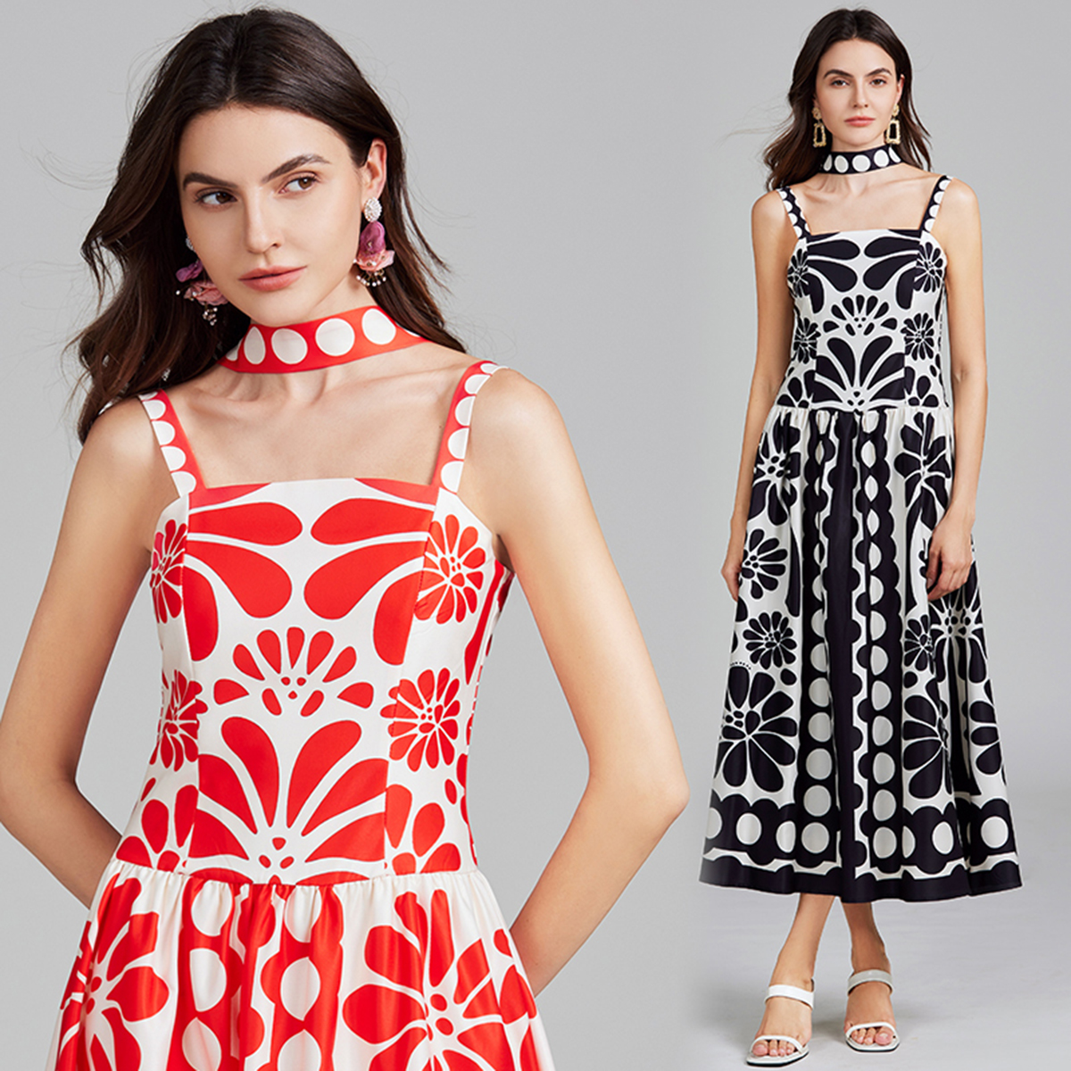 Real shot of European and American high waisted classic polka dot printed suspender long dress with elastic rubber band at the back