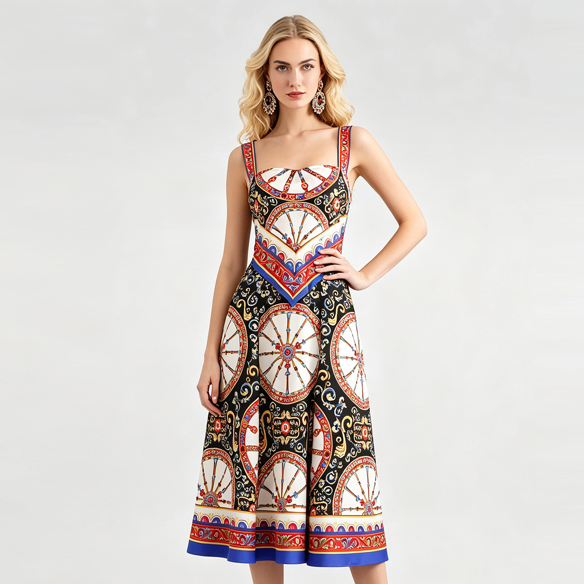 Baroque style printed positioning fake 2-piece camisole skirt with waist cinching and large swing style dress Baroque style printed positioning fake 2-piece camisole skirt with waist cinching and large swing style dress