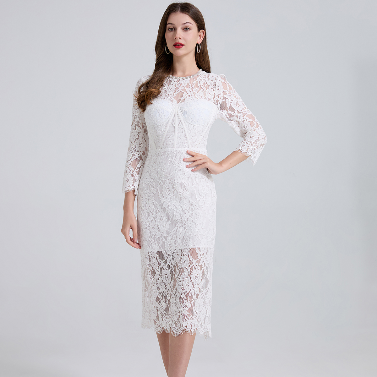 Real shooting of spring and summer new elastic lace diamond embellishment three-dimensional chest pad fishbone dress high waist slim fit hip hugging skirt Real shooting of spring and summer new elastic lace diamond embellishment three-dimensional chest pad fishbone dress high waist slim fit hip hugging skirt