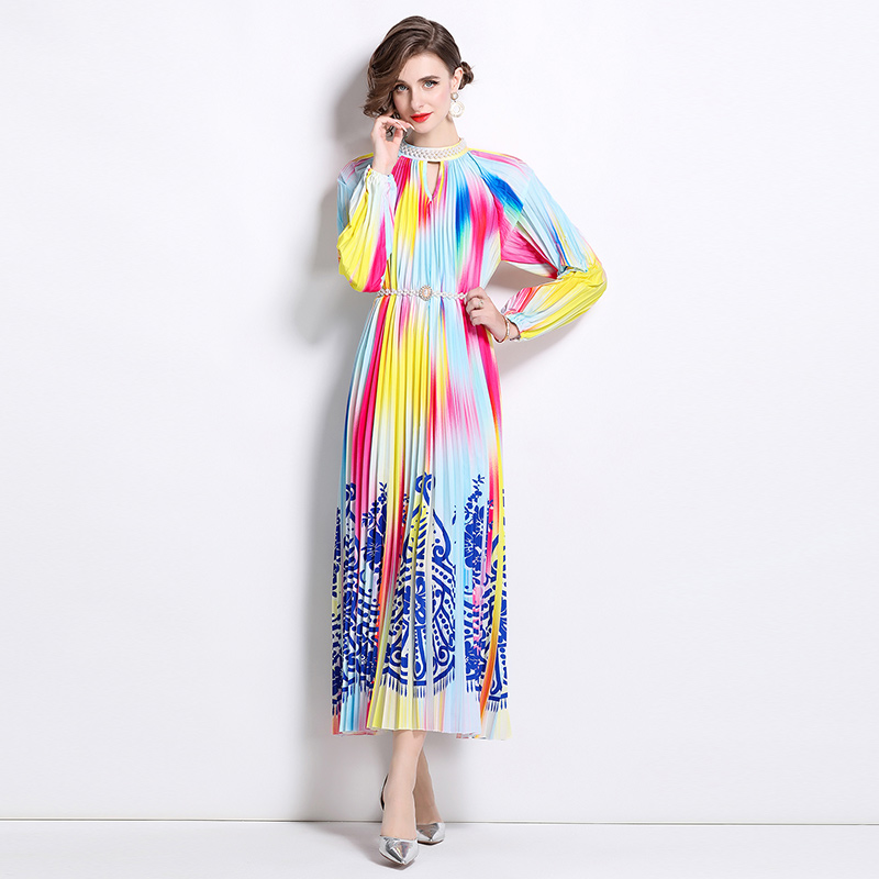 Original 2026 high-end nail bead positioning printed pleated pearl buckle pleated long skirt Original 2026 high-end nail bead positioning printed pleated pearl buckle pleated long skirt