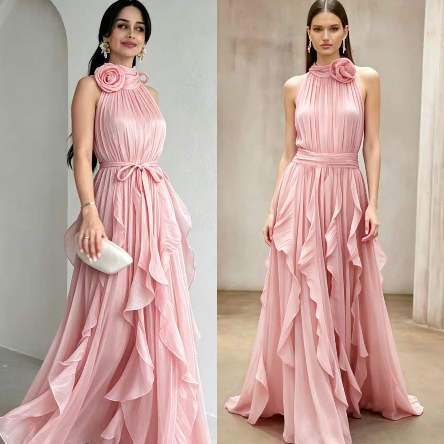 French retro style summer sleeveless flower decoration with ruffled edges, waist cinching, big swing dress, long skirt, flowing long skirt