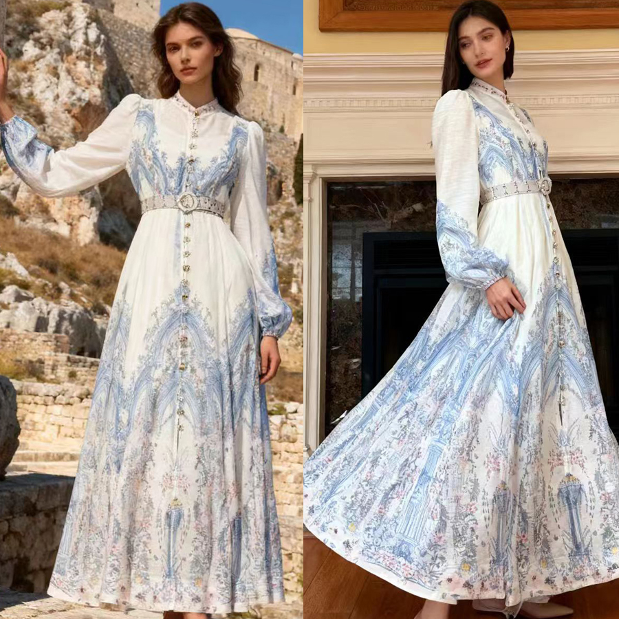 French high-end two-piece dress with retro print stand up collar lantern sleeves and waist cinching big swing dress, long skirt French high-end two-piece dress with retro print stand up collar lantern sleeves and waist cinching big swing dress, long skirt