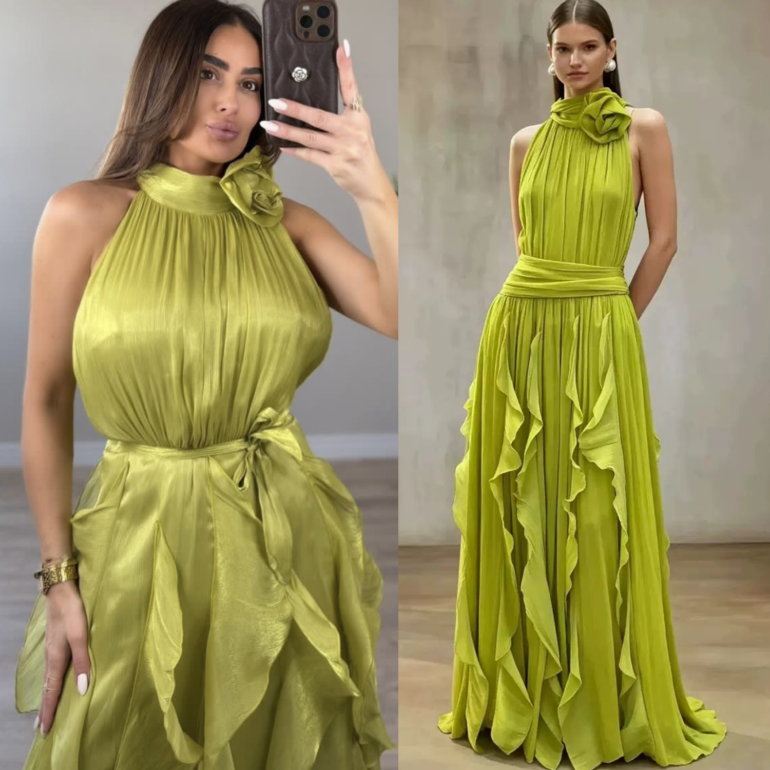 European and American summer new waist cinching layered ruffle edge socialite temperament retro off shoulder long dress formal dress